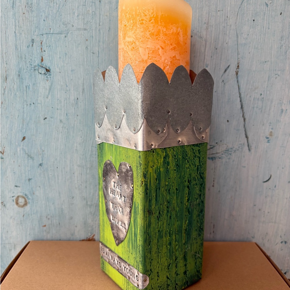 Artisan-Made Wood & Tin Decorative Green Candle Holder with Etched Saying - Picture 5 of 12